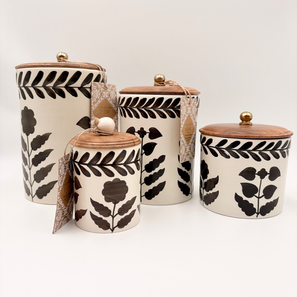 Made in India 4pc Ceramic Canister Set Black Cream Botanical Wood Lids New - Picture 1 of 6